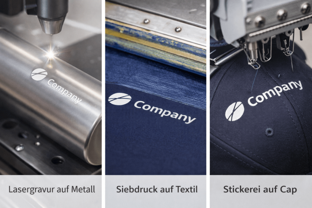 Dreigeteilte Infografik mit Lasermaschine bei Metallgravur, Siebdruck auf Stoff und Stickmaschine auf Cap, jeweils mit dem Schriftzug 'Company'.