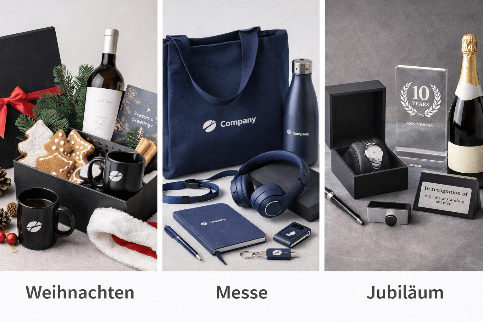 Drei Geschenkesets für besondere Anlässe mit Weihnachtsartikeln, Werbegeschenken und Jubiläumspräsenten, jeweils mit Geschenkboxen, Accessoires und sichtbarem Firmenlogo.