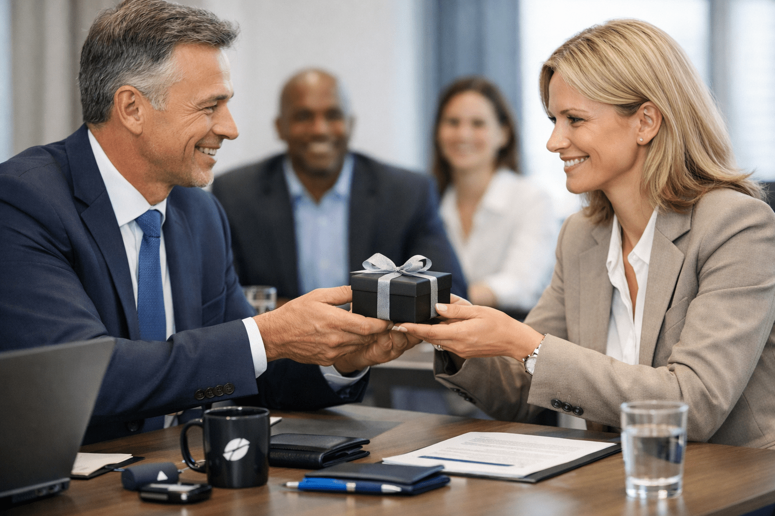 Zwei Geschäftsleute im Anzug überreichen sich bei einem Meeting ein Geschenk mit Schleife über einem Konferenztisch mit Unterlagen und Werbeartikeln.